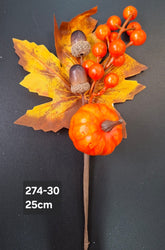 Crenguță decorativă de toamnă cu dovlecel, ghinde și frunze – 25cm 10/set